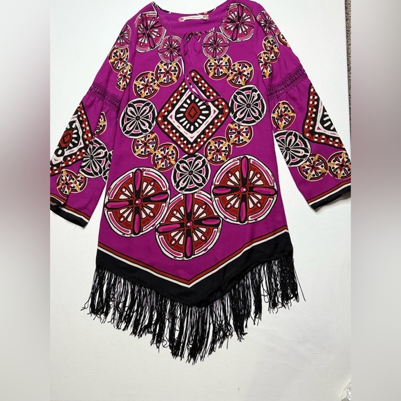 Anthropologie Chelsea & Violet Purple and Multicolor Tunic Dress w/ Fringe Sz M - Picture 2 of 8